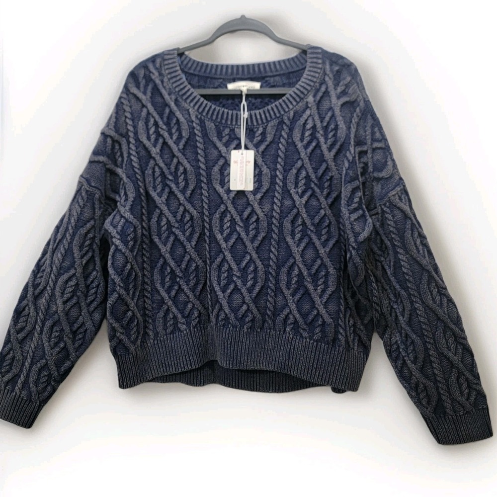 NWT Lucky Brand Cadet Navy Acid Wash Chunky Cable Knit Pull Over Sweater Wom XL‎